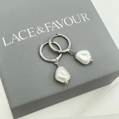 Lace & Favour Bridesmaid Gifts | Bride Gifts*Bali Silver Freshwater Pearl Huggie Hoop Earrings Ivory/ Silver