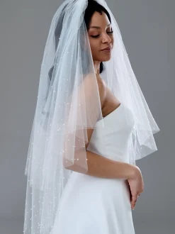 Twilight Designs Two Tier Veils | Fingertip Veils*Bellavue Two Tier Scattered Pearl Veil with Cut Edge Ivory