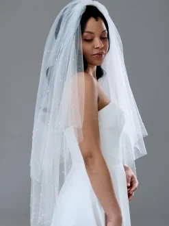 Twilight Designs Two Tier Veils | Fingertip Veils*Bellavue Two Tier Scattered Pearl Veil with Cut Edge Ivory