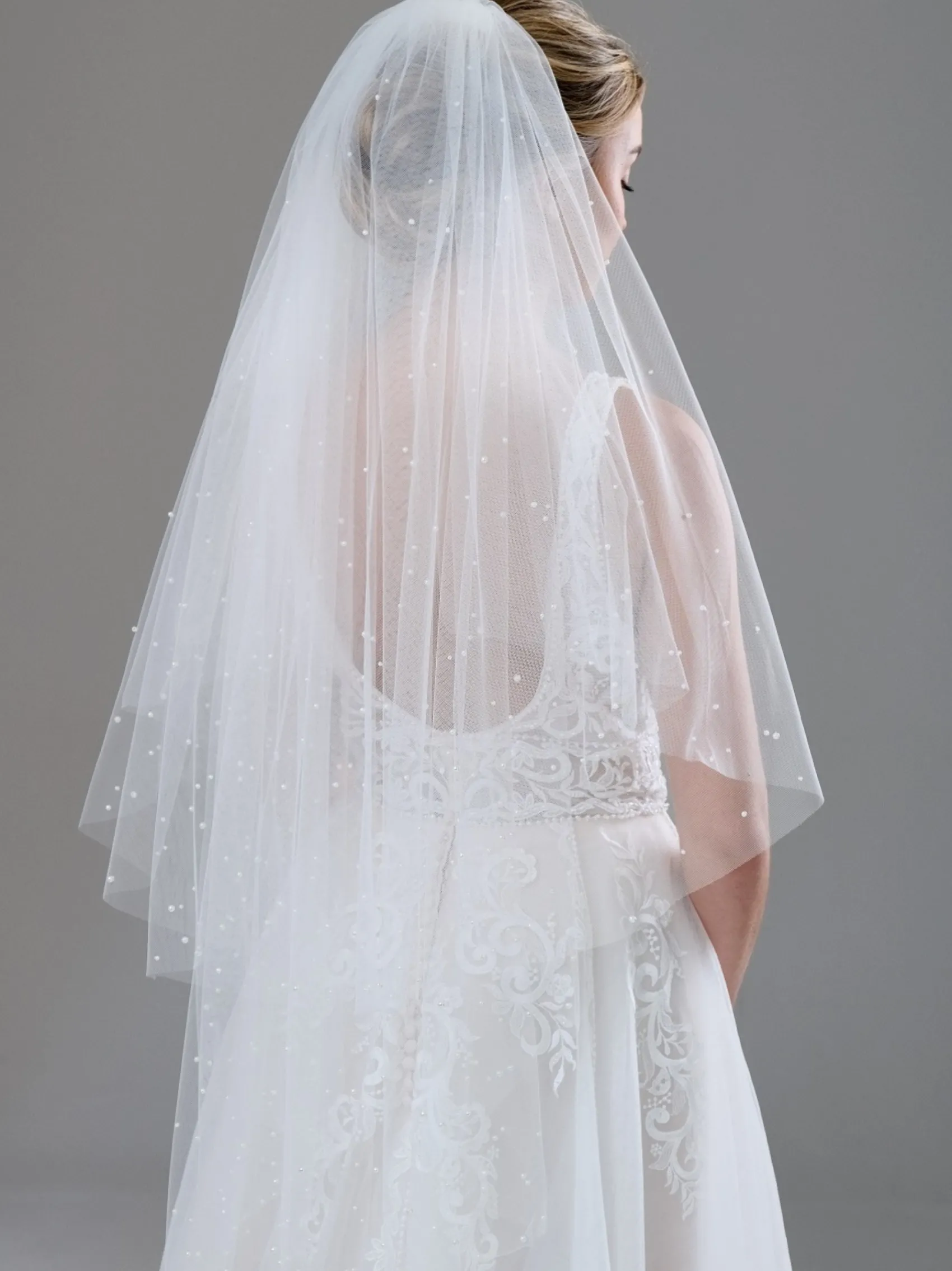 Twilight Designs Two Tier Veils | Fingertip Veils*Bellavue Two Tier Scattered Pearl Veil with Cut Edge Ivory
