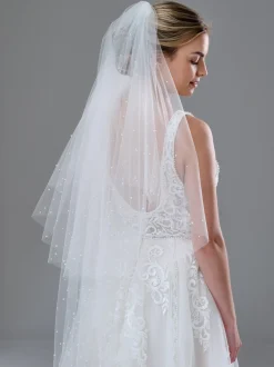 Twilight Designs Two Tier Veils | Fingertip Veils*Bellavue Two Tier Scattered Pearl Veil with Cut Edge Ivory