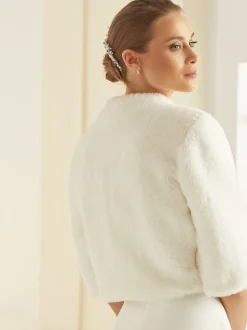 Bianco Evento Faux Fur Jackets, Capes And Shawls | Wedding Boleros And Jackets*Bianco Faux Fur Elbow Length Wedding Jacket E307 Ivory