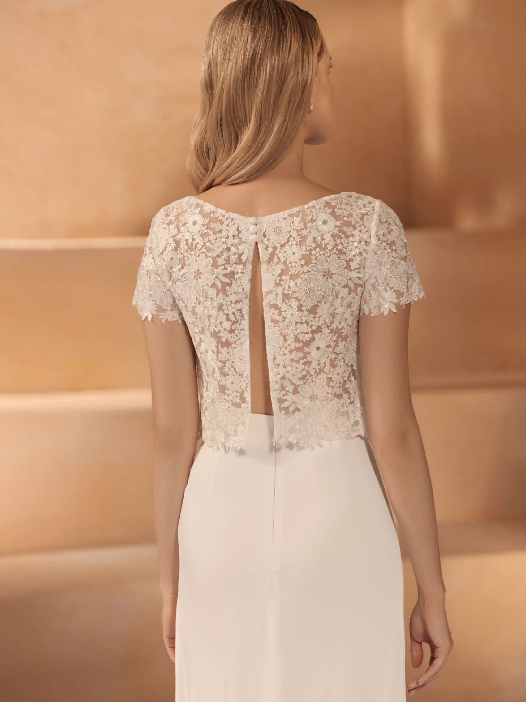 Bianco Evento Bridal Tops & Bodysuits*Bianco Sequin Lace Bridal Top with Open Back E421 Ivory