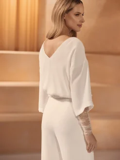 Bianco Evento Bridal Tops & Bodysuits*Bianco Stretch Crepe 3/4 Sleeve Top E417 Ivory