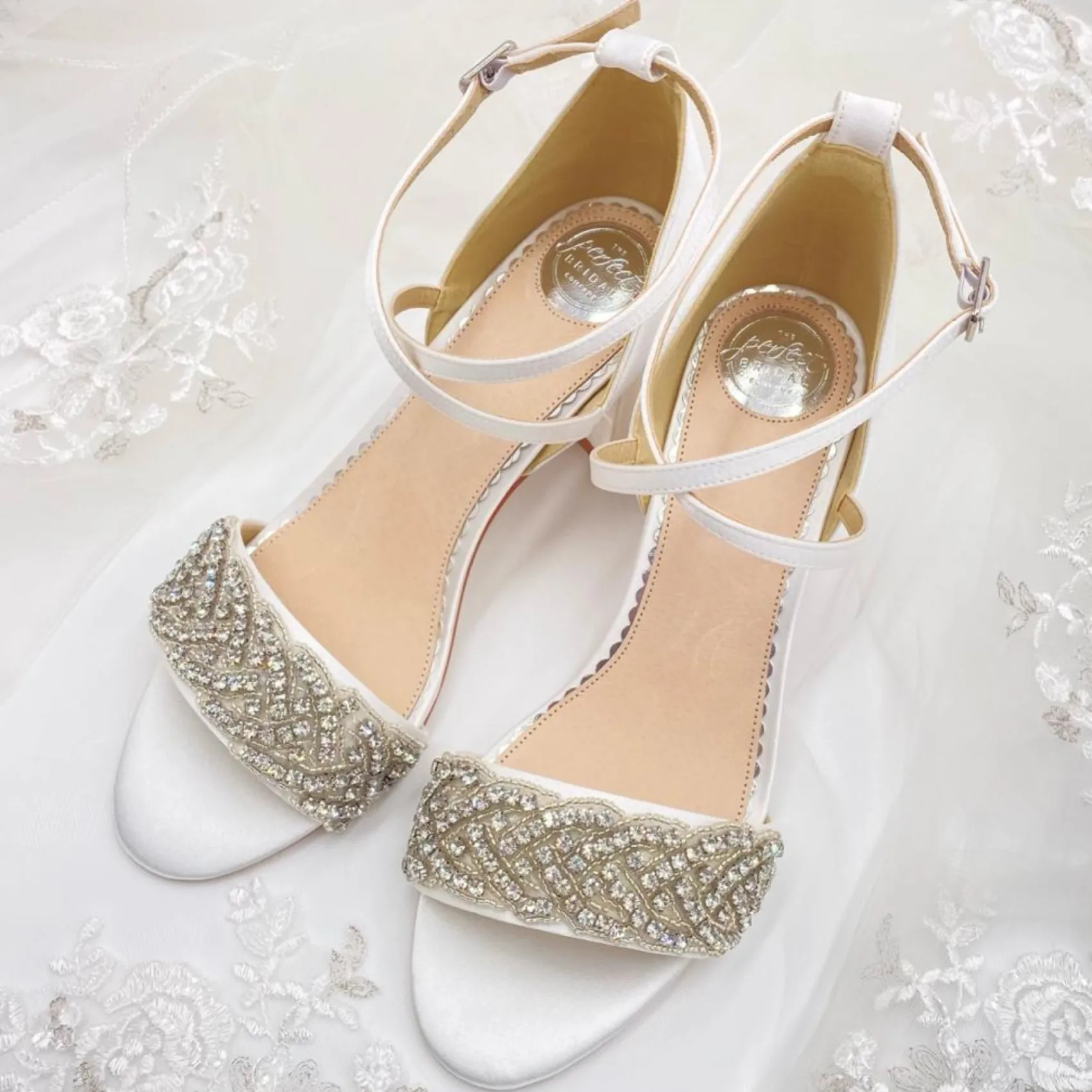 Perfect Bridal Mid Heel | Wedding Shoes*Blair Satin Crystal Embellished Block Heel Sandals Wide Fit Ivory
