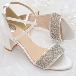 Perfect Bridal Wedding Shoes | Mid Heel*Blair Satin Crystal Embellished Cross Strap Block Heel Sandals Ivory