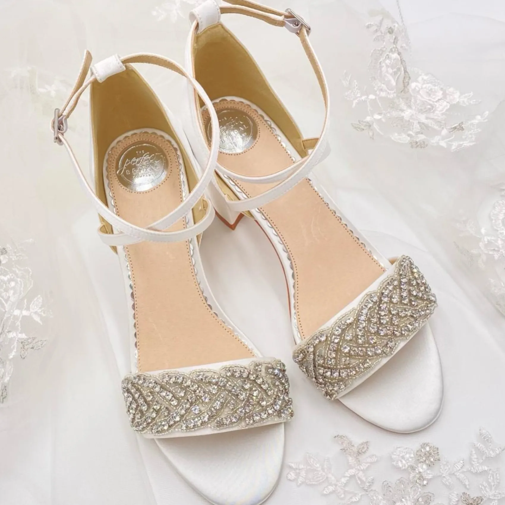 Perfect Bridal Wedding Shoes | Mid Heel*Blair Satin Crystal Embellished Cross Strap Block Heel Sandals Ivory