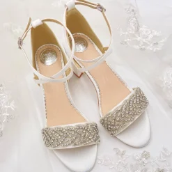Perfect Bridal Mid Heel | Wedding Shoes*Blair Satin Crystal Embellished Block Heel Sandals Wide Fit Ivory