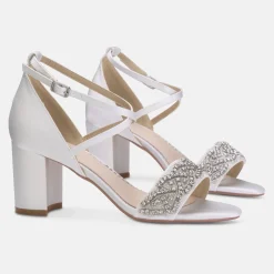 Perfect Bridal Mid Heel | Wedding Shoes*Blair Satin Crystal Embellished Block Heel Sandals Wide Fit Ivory