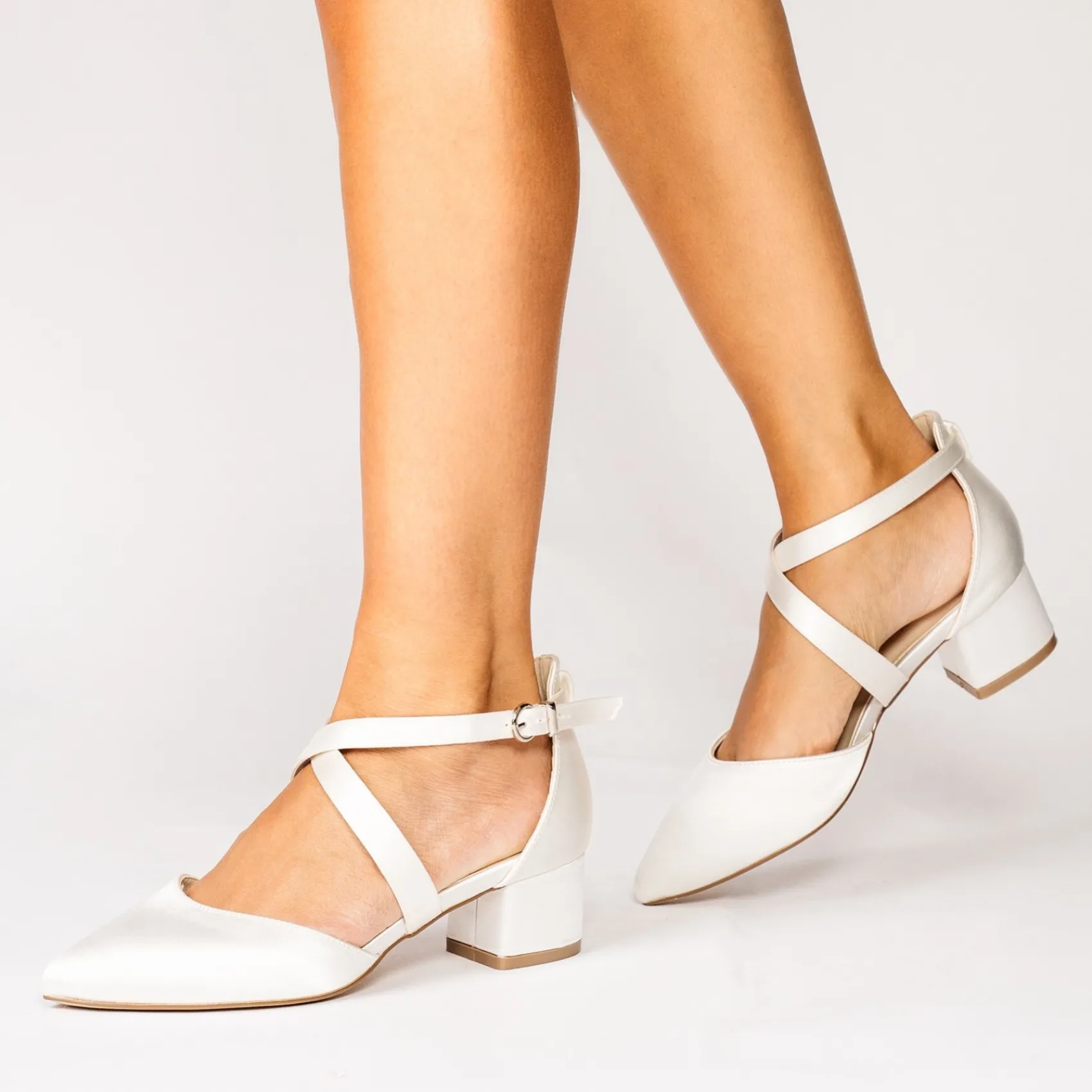Paradox London Wedding Shoes | Low Heel*Blanche Dyeable Satin Wide Fit Cross Strap Low Block Heels Ivory