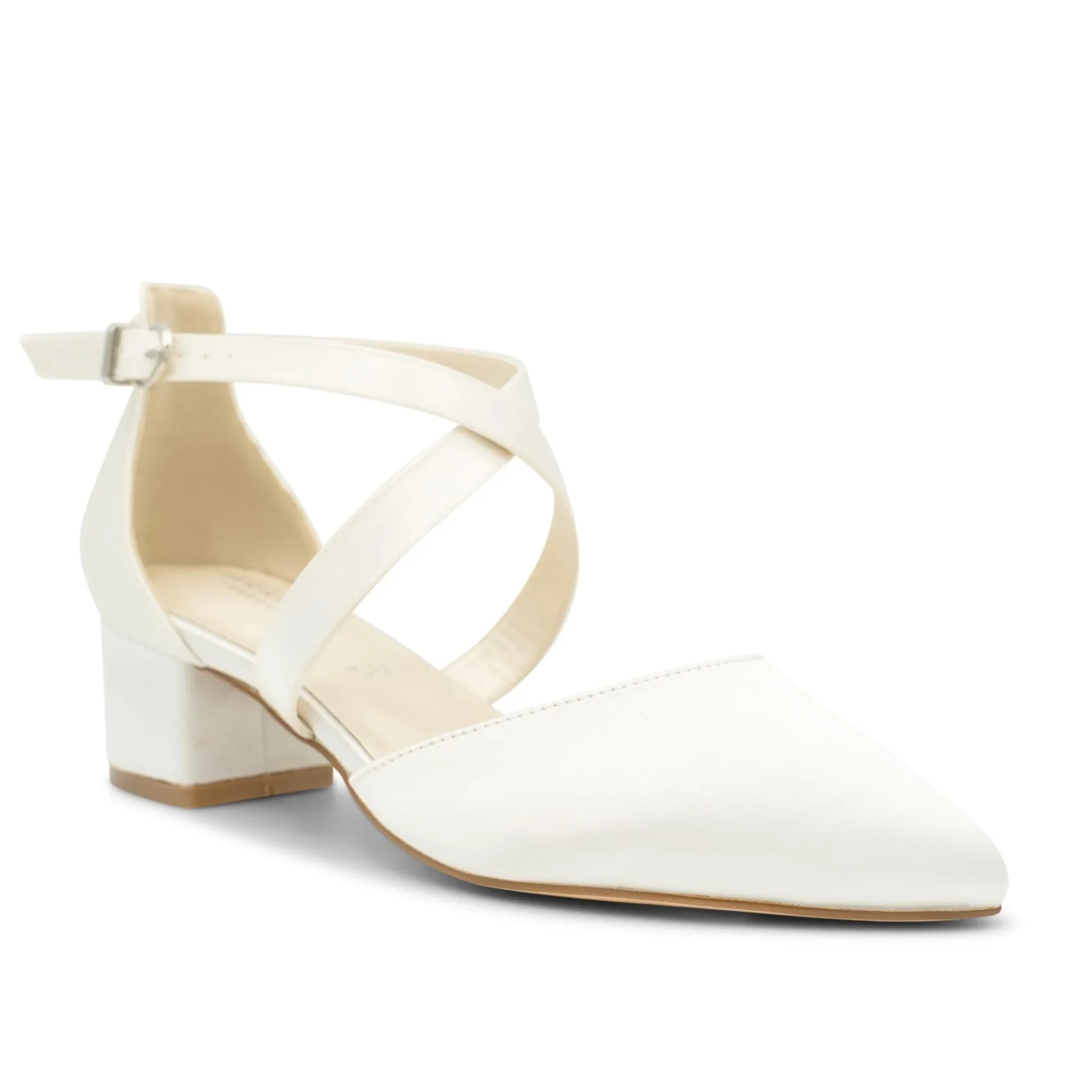 Paradox London Wedding Shoes | Low Heel*Blanche Dyeable Satin Wide Fit Cross Strap Low Block Heels Ivory