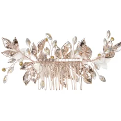 Lace & Favour Crystal Hair Accessories | Rose Gold Hair Accessories*Blaze Ceramic Flowers and Rose Gold Leaves Hair Comb Ivory/ Rose Gold
