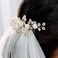 Lace & Favour Pearl Hair Accessories | Silver Hair Accessories*Blossom Porcelain Flowers and Blush Beads Wedding Hair Comb Ivory/Blush/ Silver