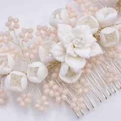 Lace & Favour Pearl Hair Accessories | Silver Hair Accessories*Blossom Porcelain Flowers and Blush Beads Wedding Hair Comb Ivory/Blush/ Silver