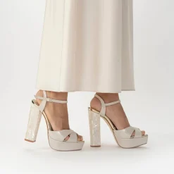 Freya Rose Wedding Guest Shoes | Wedding Shoes*Bonnie Suede Mother of Pearl Block Heel Platform Sandals Champagne