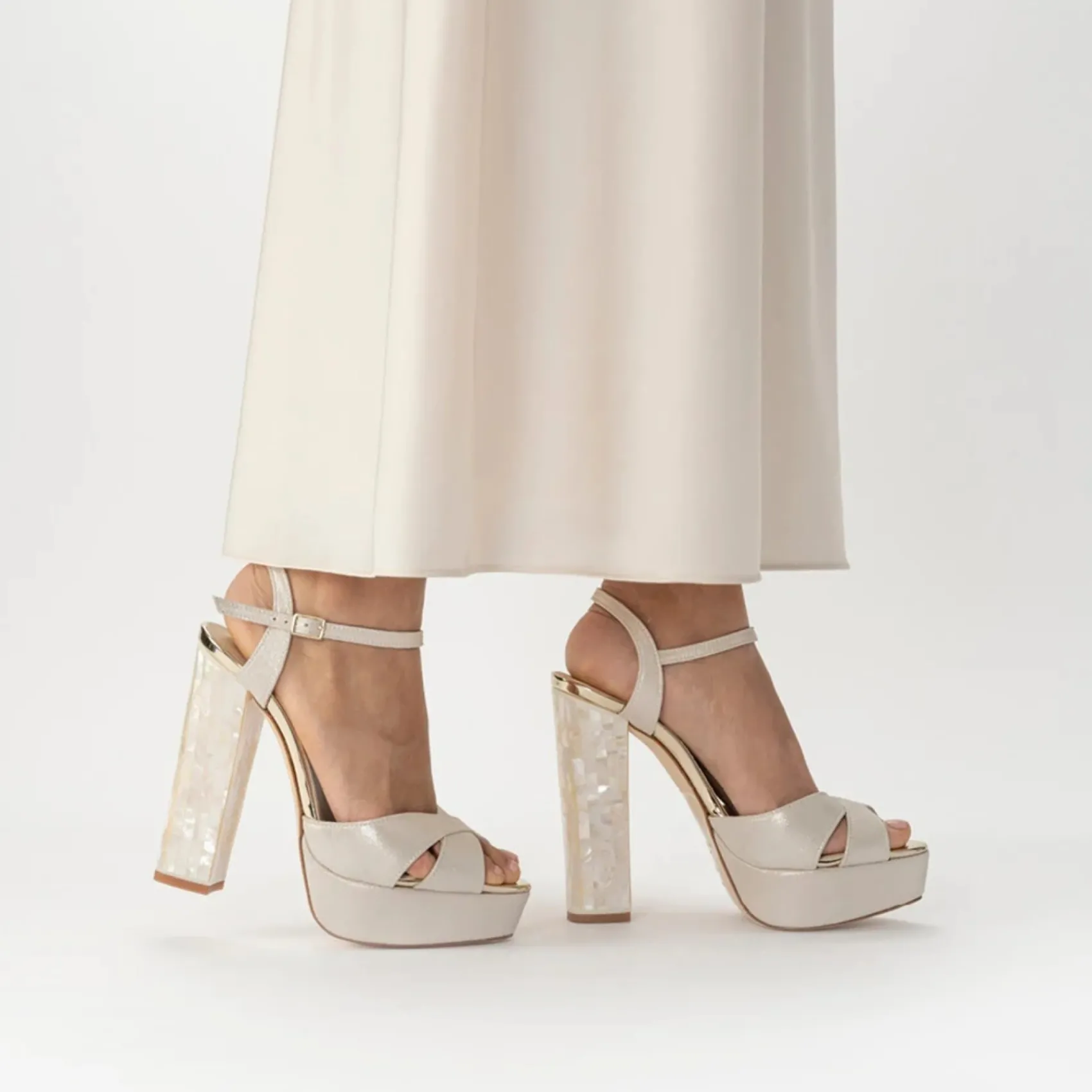 Freya Rose Wedding Guest Shoes | Wedding Shoes*Bonnie Suede Mother of Pearl Block Heel Platform Sandals Champagne