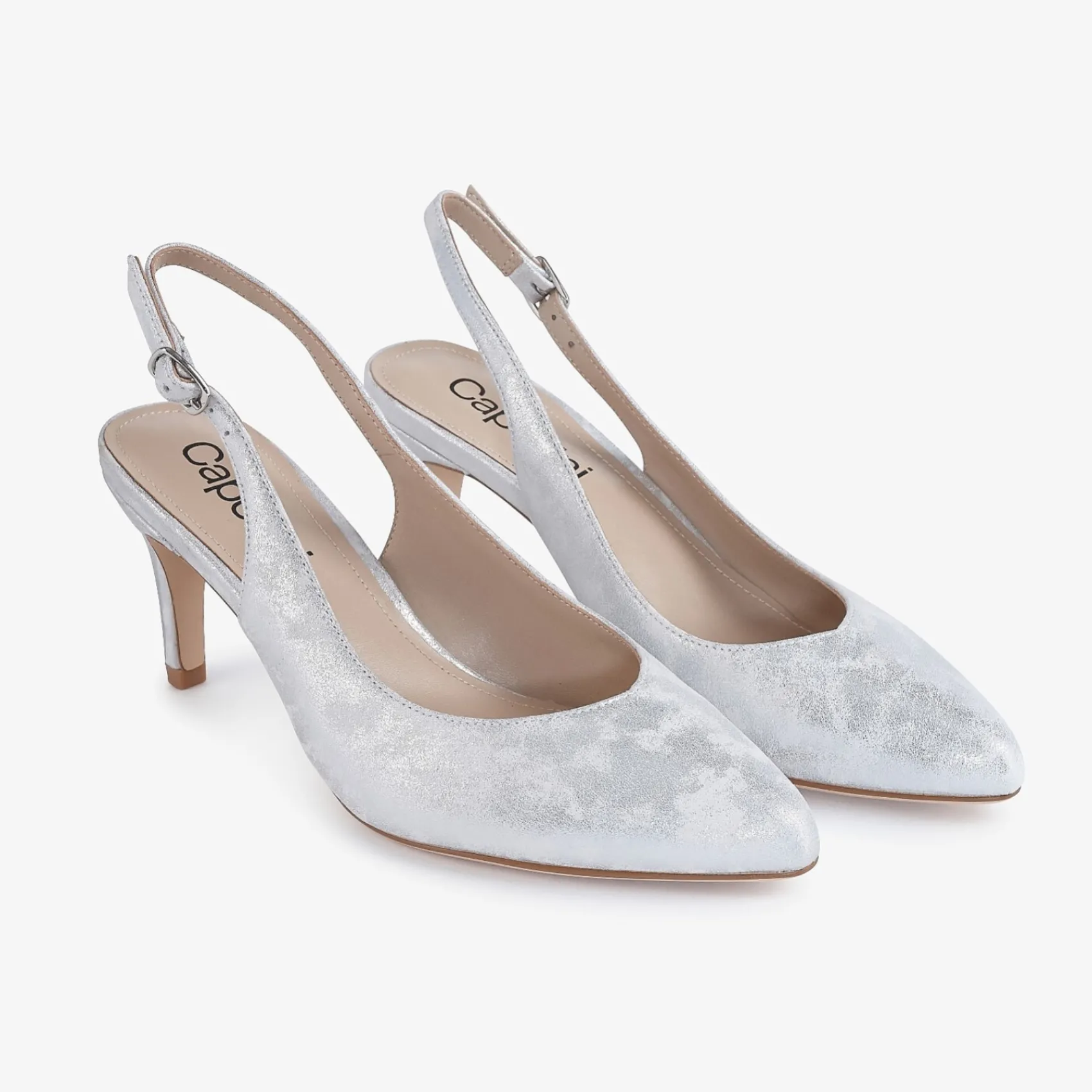 Capollini Wedding Guest Shoes | Mother Of The Bride Shoes*Catherine Nubuck Leather Mid Heel Slingbacks Silver