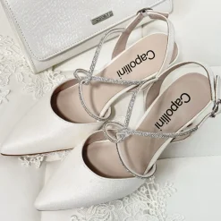 Capollini Party Shoes | Wedding Guest Shoes*Charlotte Leather Diamante Cross Strap Slingbacks Cream