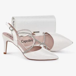 Capollini Party Shoes | Wedding Guest Shoes*Charlotte Leather Diamante Cross Strap Slingbacks Cream