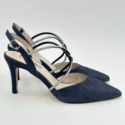 Capollini Party Shoes | Wedding Guest Shoes*Charlotte Nubuck Leather Diamante Cross Strap Slingback Navy