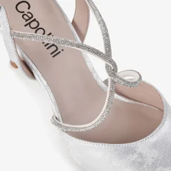 Capollini Party Shoes | Wedding Guest Shoes*Charlotte Leather Diamante Cross Strap Slingbacks Silver