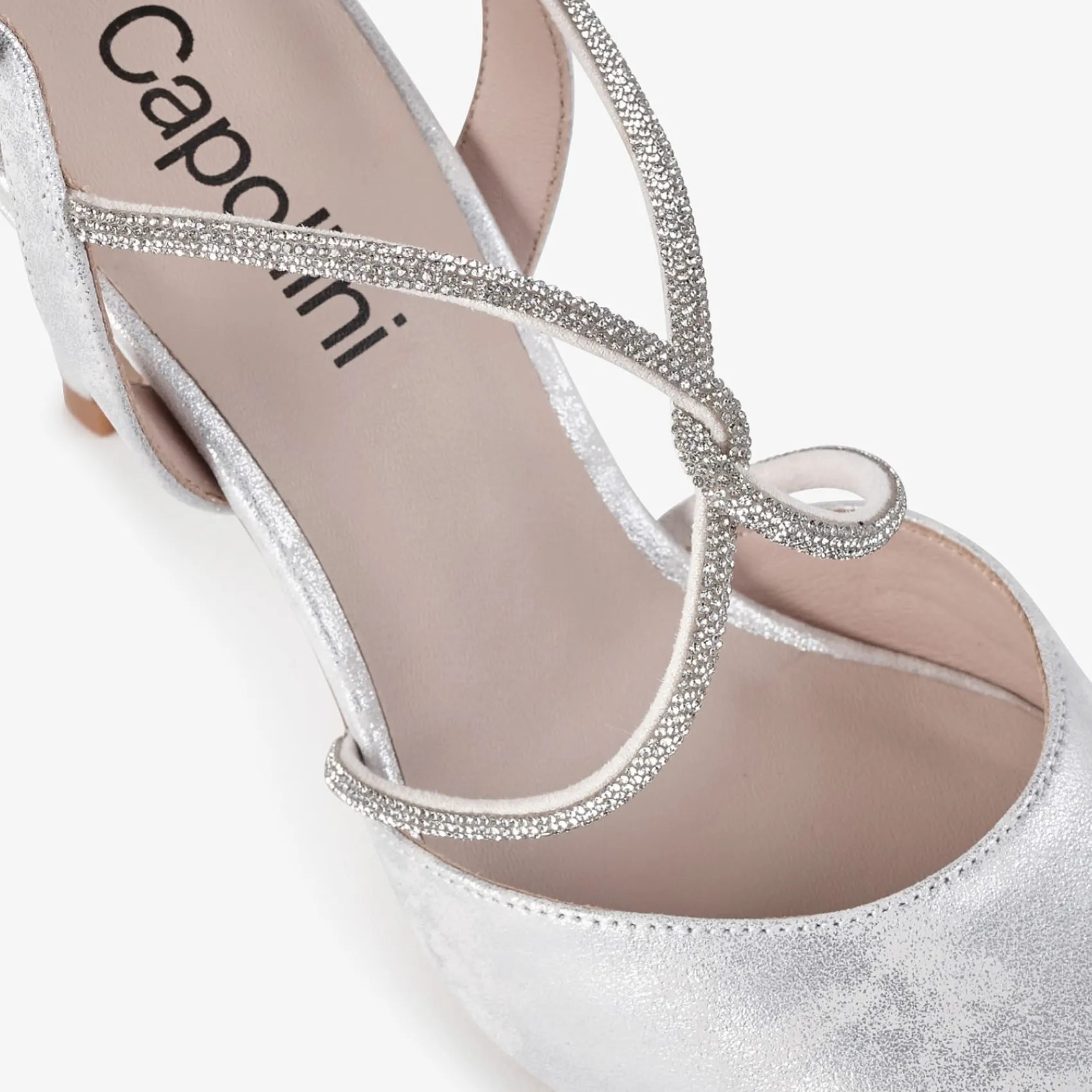 Capollini Party Shoes | Wedding Guest Shoes*Charlotte Leather Diamante Cross Strap Slingbacks Silver
