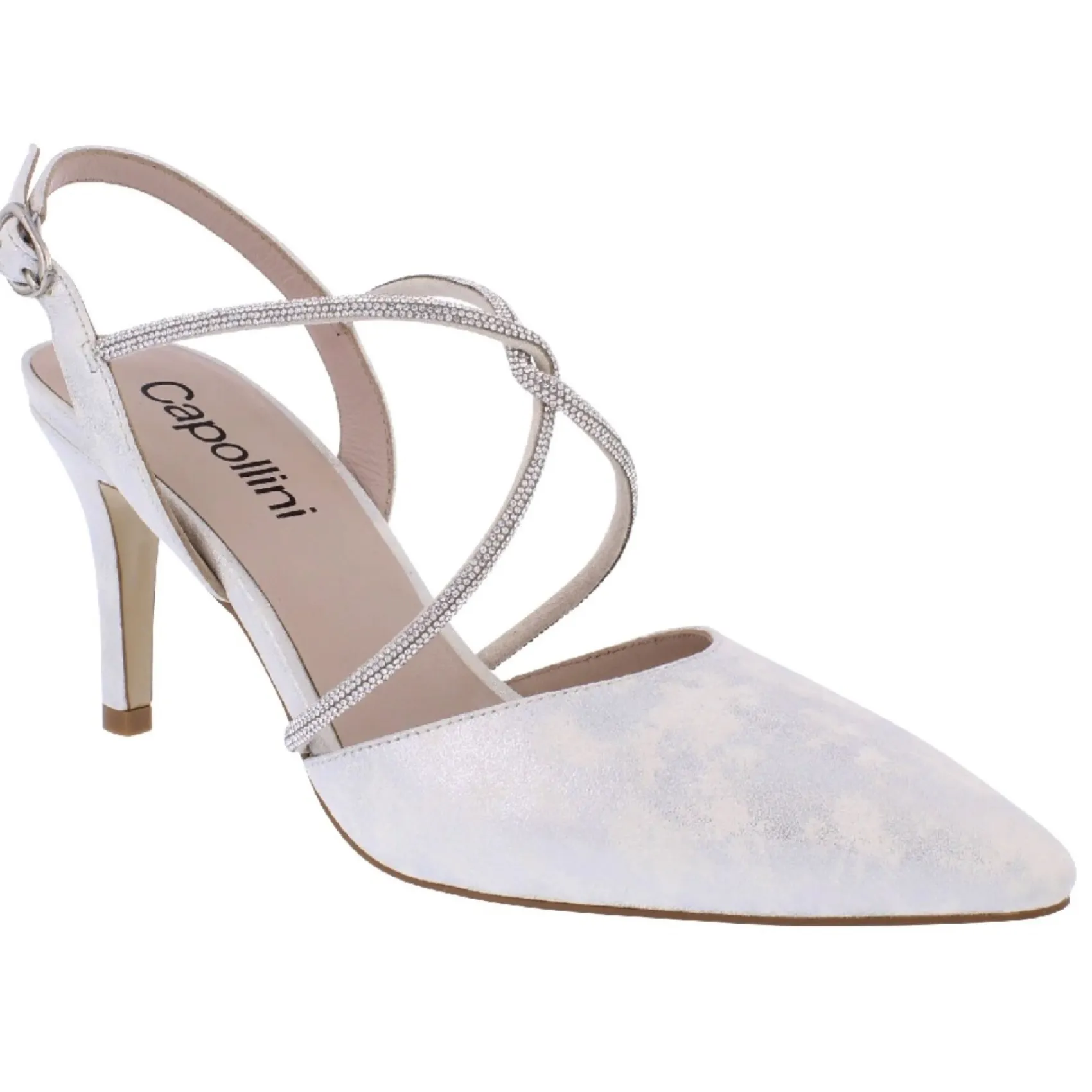 Capollini Party Shoes | Wedding Guest Shoes*Charlotte Leather Diamante Cross Strap Slingbacks Silver