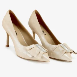 Capollini Wedding Guest Shoes | Mother Of The Bride Shoes*Elinor Nubuck Leather Crystal Bow Court Shoes Pale Gold