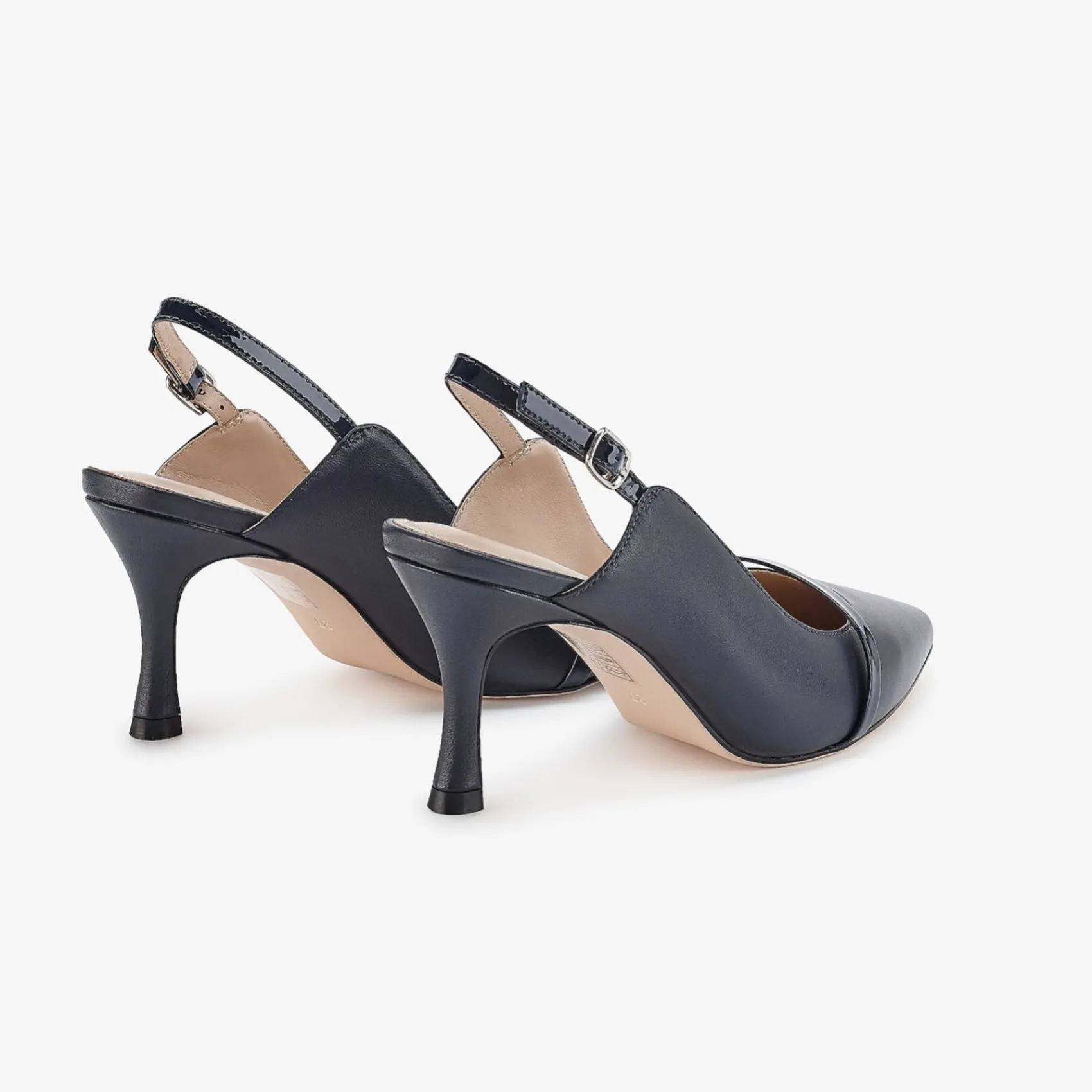 Capollini Wedding Guest Shoes | Mother Of The Bride Shoes*Emory Leather Mid Heel Slingbacks with Patent Strap Navy