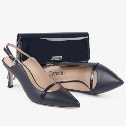 Capollini Wedding Guest Shoes | Mother Of The Bride Shoes*Emory Leather Mid Heel Slingbacks with Patent Strap Navy