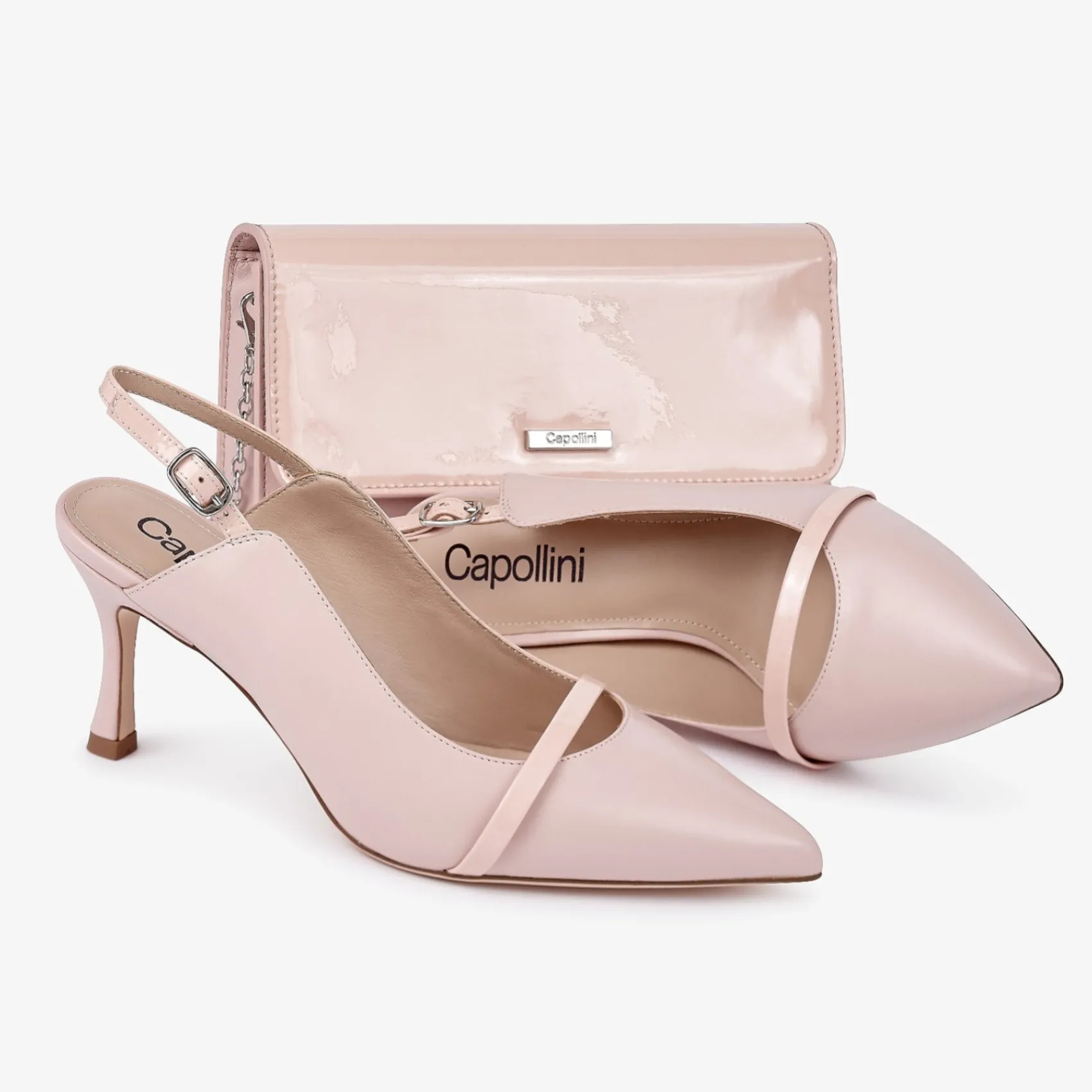 Capollini Wedding Guest Shoes | Mother Of The Bride Shoes*Emory Leather Mid Heel Slingbacks with Patent Strap Pink