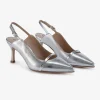 Capollini Wedding Guest Shoes | Mother Of The Bride Shoes*Emory Leather Mid Heel Slingbacks with Patent Strap Silver