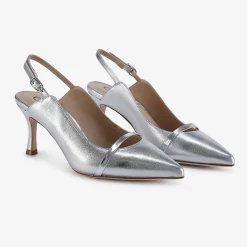 Capollini Wedding Guest Shoes | Mother Of The Bride Shoes*Emory Leather Mid Heel Slingbacks with Patent Strap Silver