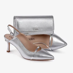 Capollini Wedding Guest Shoes | Mother Of The Bride Shoes*Emory Leather Mid Heel Slingbacks with Patent Strap Silver