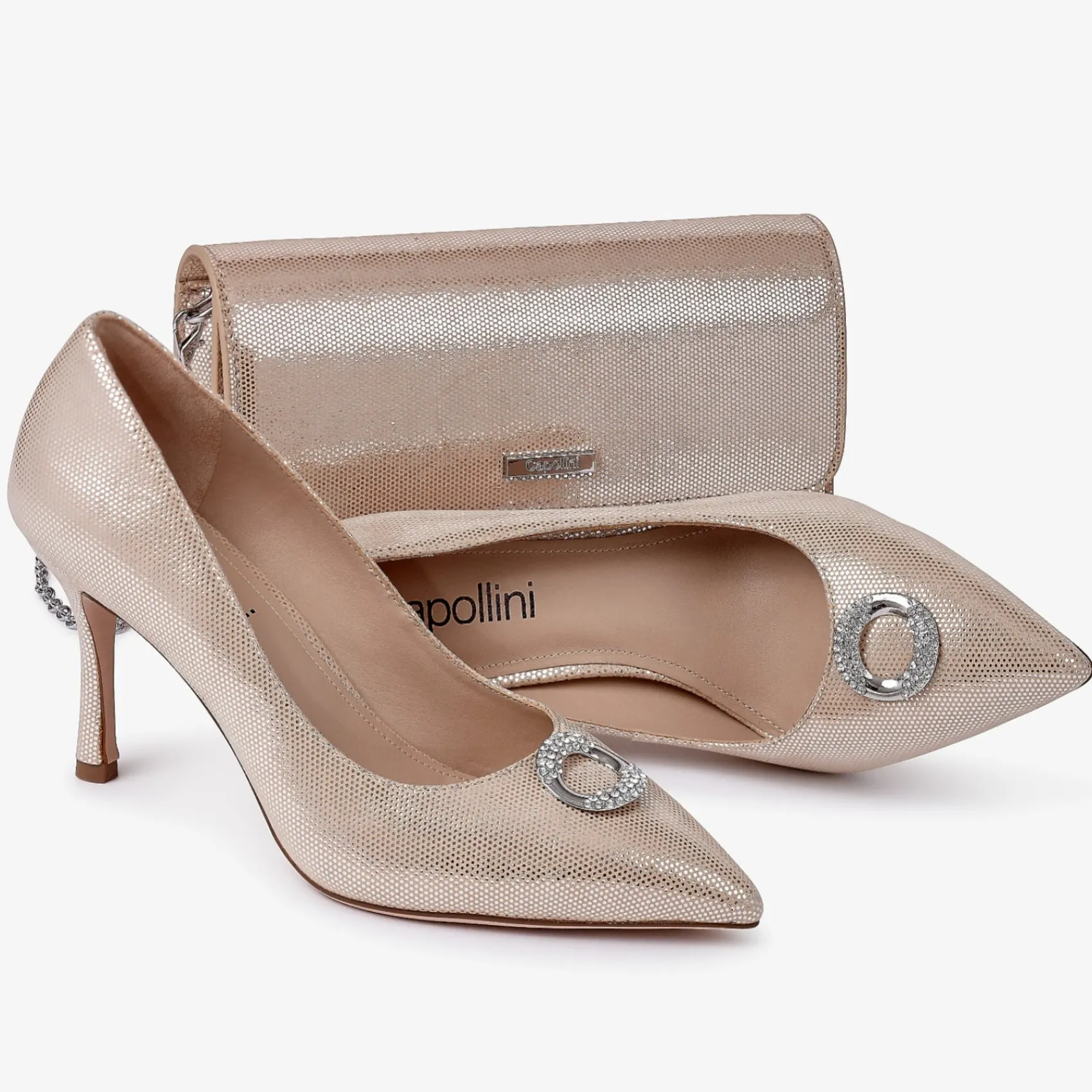 Capollini Party Shoes | Wedding Guest Shoes*Judi Nubuck Leather Court Shoes with Diamante Trim Gold