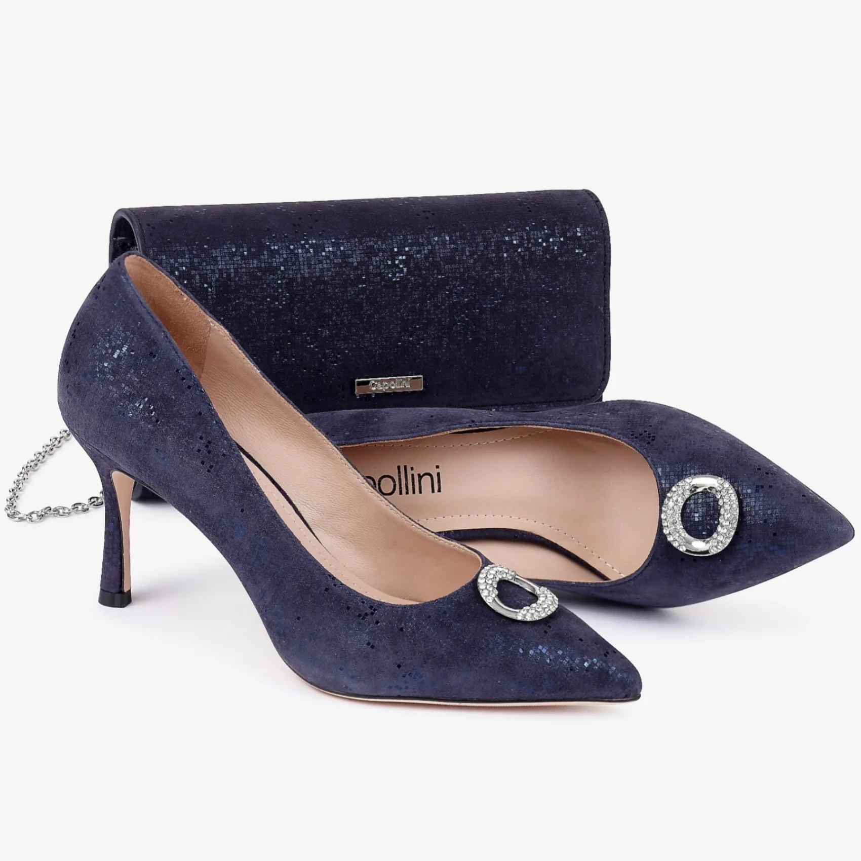 Capollini Party Shoes | Wedding Guest Shoes*Judi Nubuck Leather Court Shoes with Diamante Trim Navy