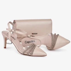 Capollini Wedding Guest Shoes | Mother Of The Bride Shoes*Ophelia Pearlised Leather Ankle Strap Slingbacks Almond