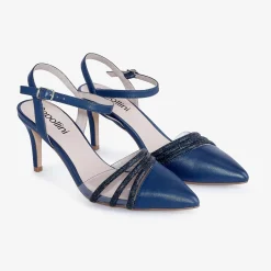 Capollini Wedding Guest Shoes | Mother Of The Bride Shoes*Ophelia Pearlised Leather Ankle Strap Slingbacks Navy