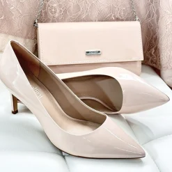 Capollini Party Shoes | Wedding Guest Shoes*Petal Patent Leather Pointed Court Shoes Nude Pink