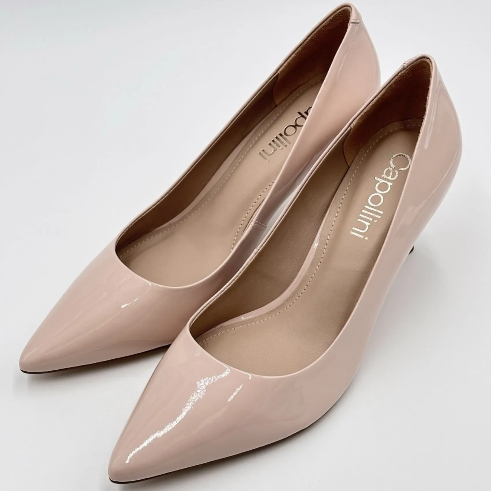 Capollini Party Shoes | Wedding Guest Shoes*Petal Patent Leather Pointed Court Shoes Nude Pink
