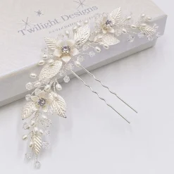 Twilight Designs Pearl Hair Accessories | Silver Hair Accessories*Carlene Silver Flowers and Leaves Hair Pin Ivory/ Silver