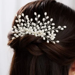 Lace & Favour Pearl Hair Accessories | Silver Hair Accessories*Cascade Pearl Spray Wedding Hair Comb Ivory/ Silver