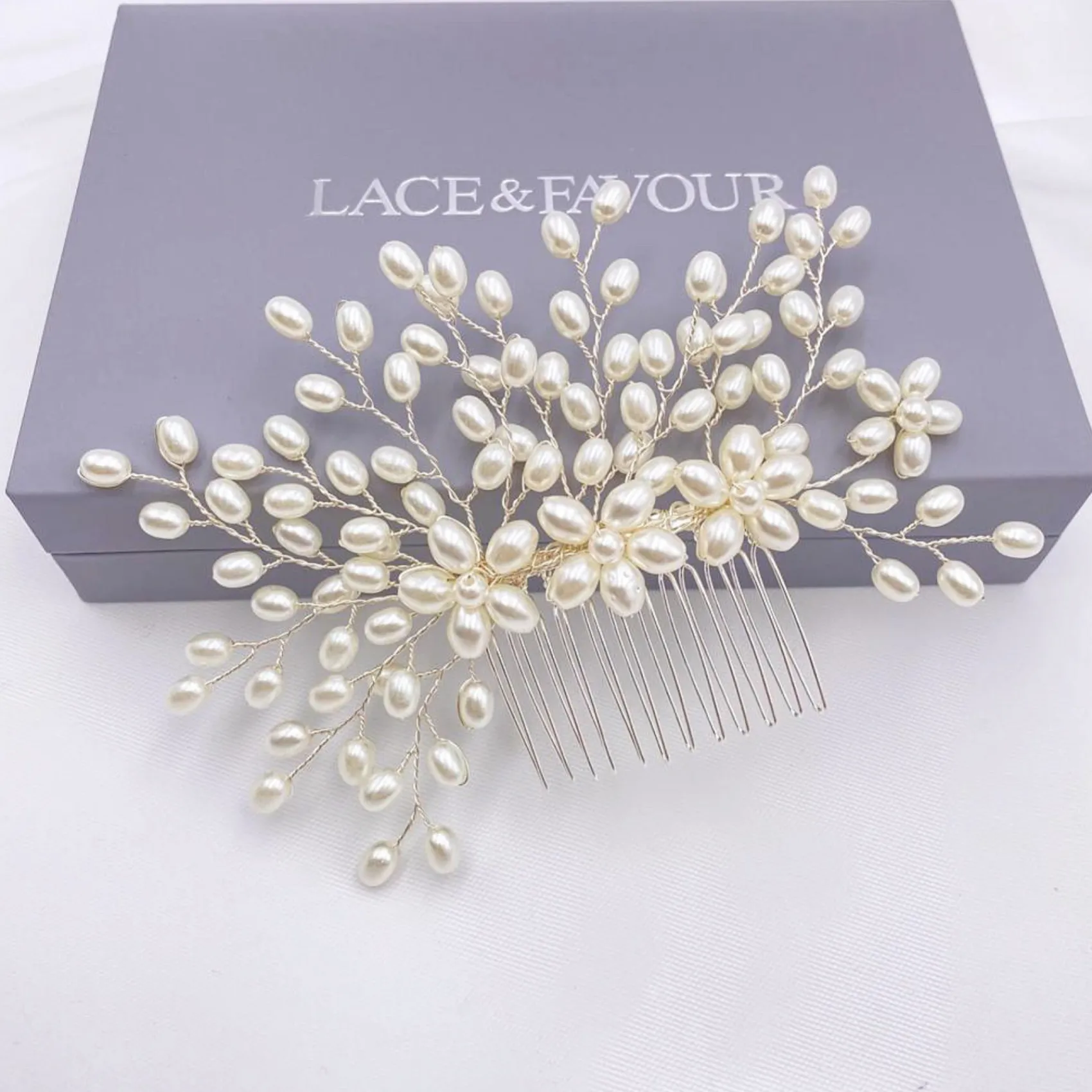 Lace & Favour Pearl Hair Accessories | Silver Hair Accessories*Cascade Pearl Spray Wedding Hair Comb Ivory/ Silver