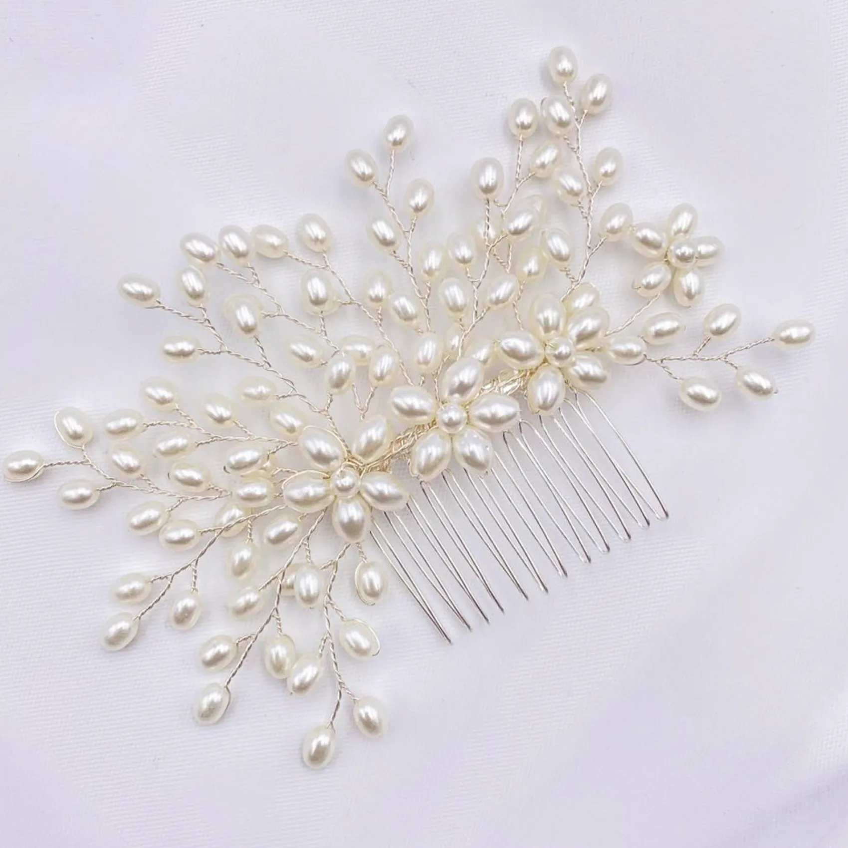 Lace & Favour Pearl Hair Accessories | Silver Hair Accessories*Cascade Pearl Spray Wedding Hair Comb Ivory/ Silver