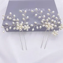 Lace & Favour Pearl Hair Accessories | Silver Hair Accessories*Cascade Set of 2 Pearl Spray Hair Pins Ivory/ Silver