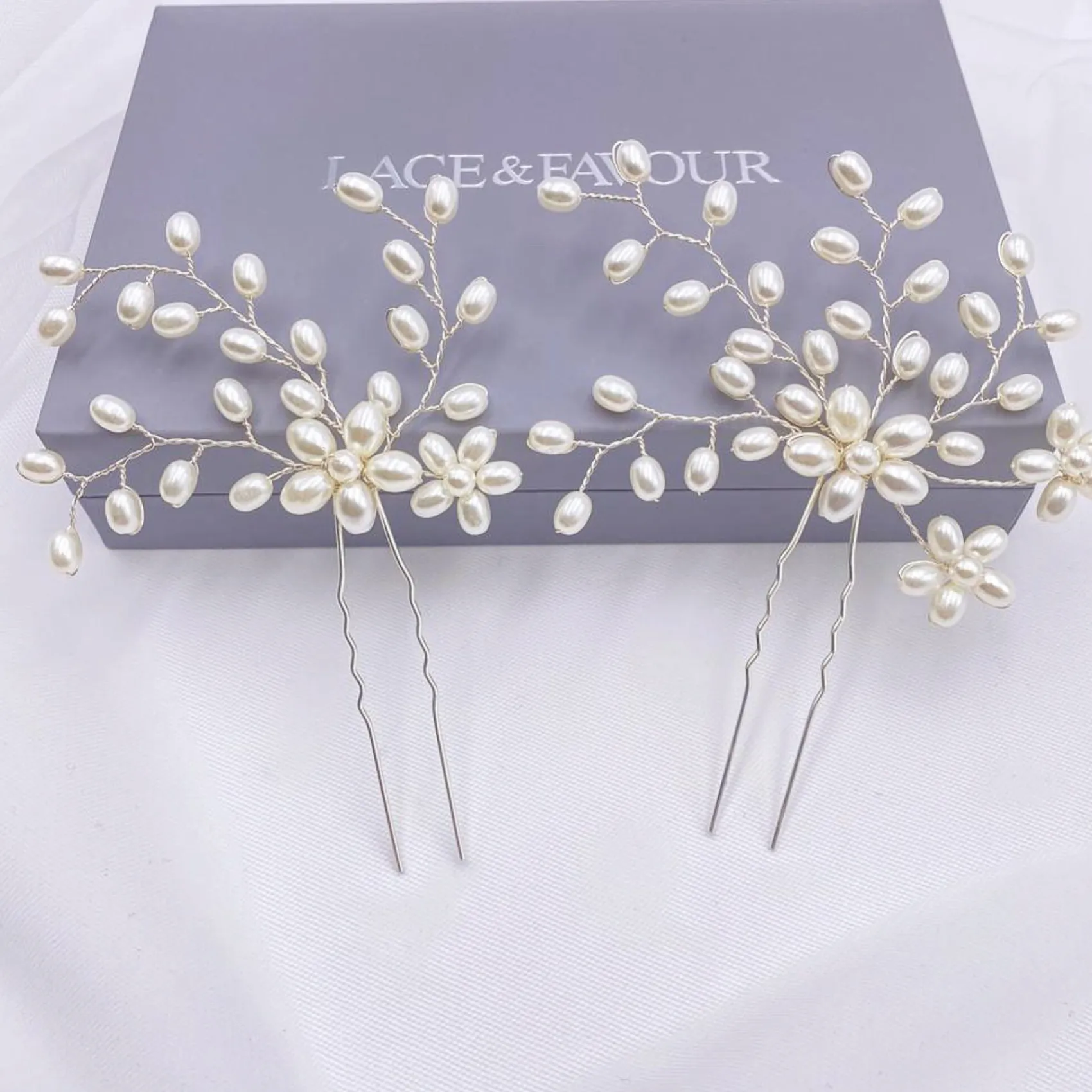 Lace & Favour Pearl Hair Accessories | Silver Hair Accessories*Cascade Set of 2 Pearl Spray Hair Pins Ivory/ Silver