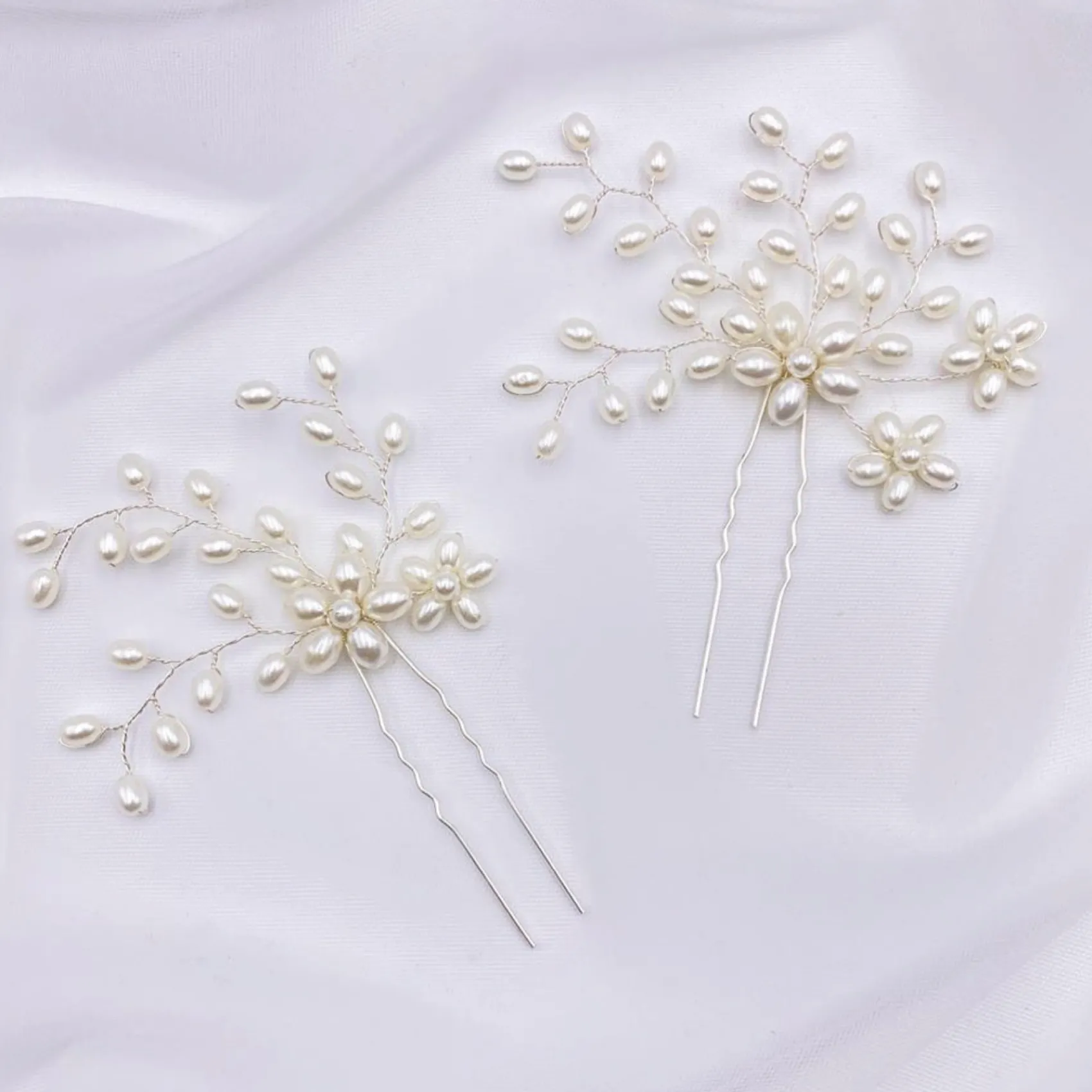 Lace & Favour Pearl Hair Accessories | Silver Hair Accessories*Cascade Set of 2 Pearl Spray Hair Pins Ivory/ Silver