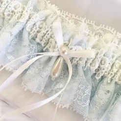 Boudoir Couture Something Blue Gifts | Bride Gifts*Chantilly Blue Floral Lace Bridal Garter with Pearl Droplet Blue/ Ivory