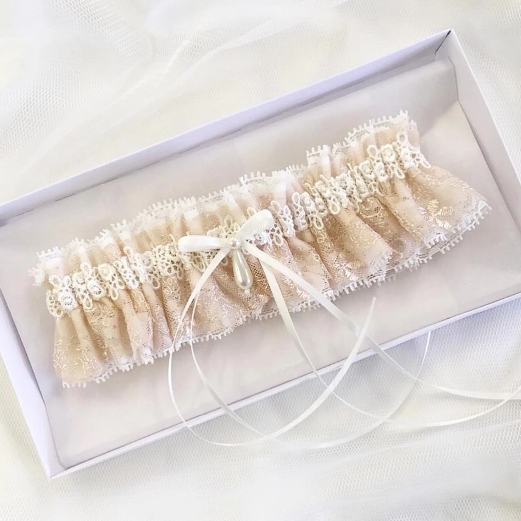 Boudoir Couture Bride Gifts | Bridal Garters*Chantilly Blush Floral Lace Bridal Garter with Pearl Droplet Blush/ Ivory