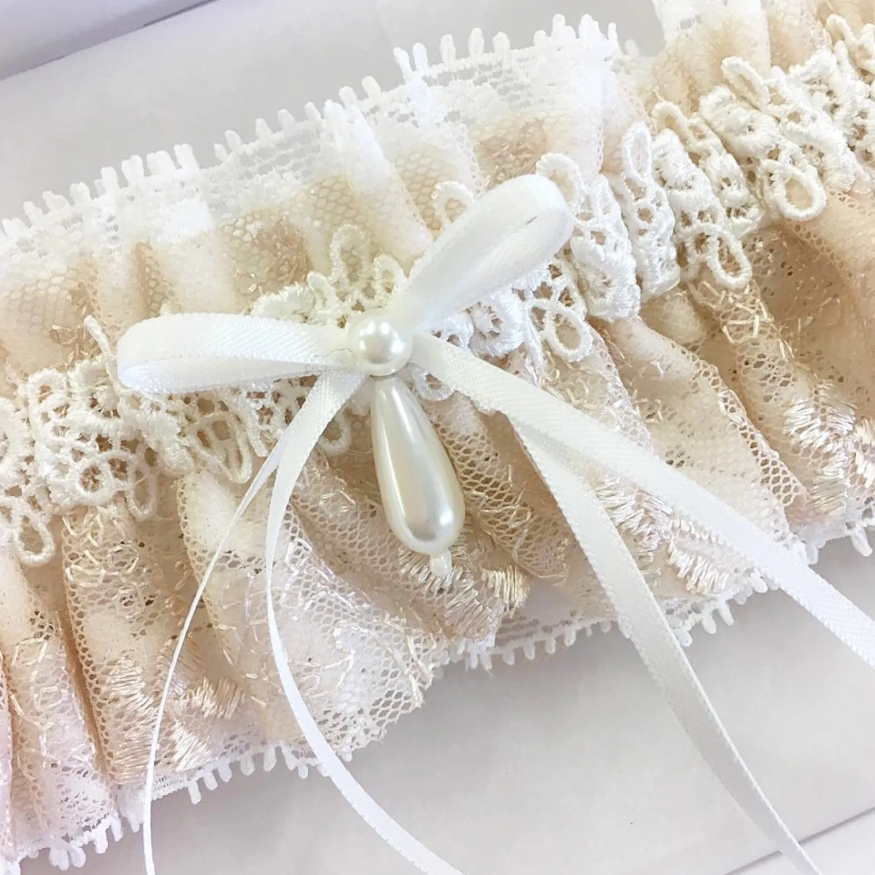 Boudoir Couture Bride Gifts | Bridal Garters*Chantilly Blush Floral Lace Bridal Garter with Pearl Droplet Blush/ Ivory